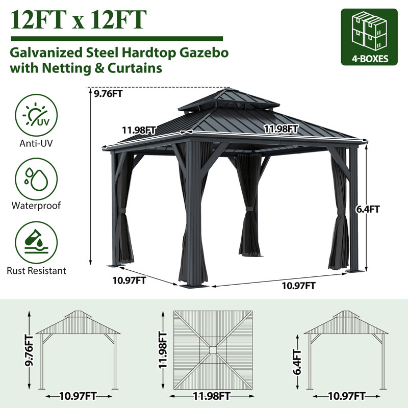 Aluminum Patio Gazebo - Galvanized Steel Hardtop Gazebo with Curtains & Netting, 12 ft. W x 12 ft. D