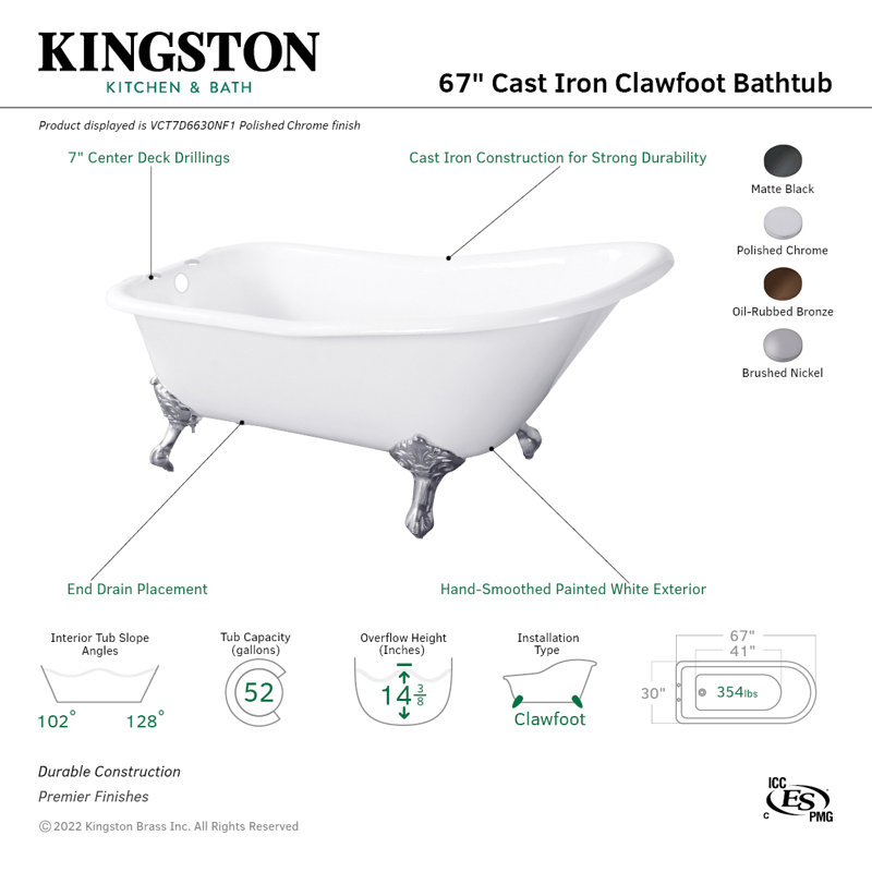 Baignoire sur pattes en fer en forme de D 67 po Kingston Brass Aqua Eden (perceuse de robinet de 7 po), Blanc / bronze huilé