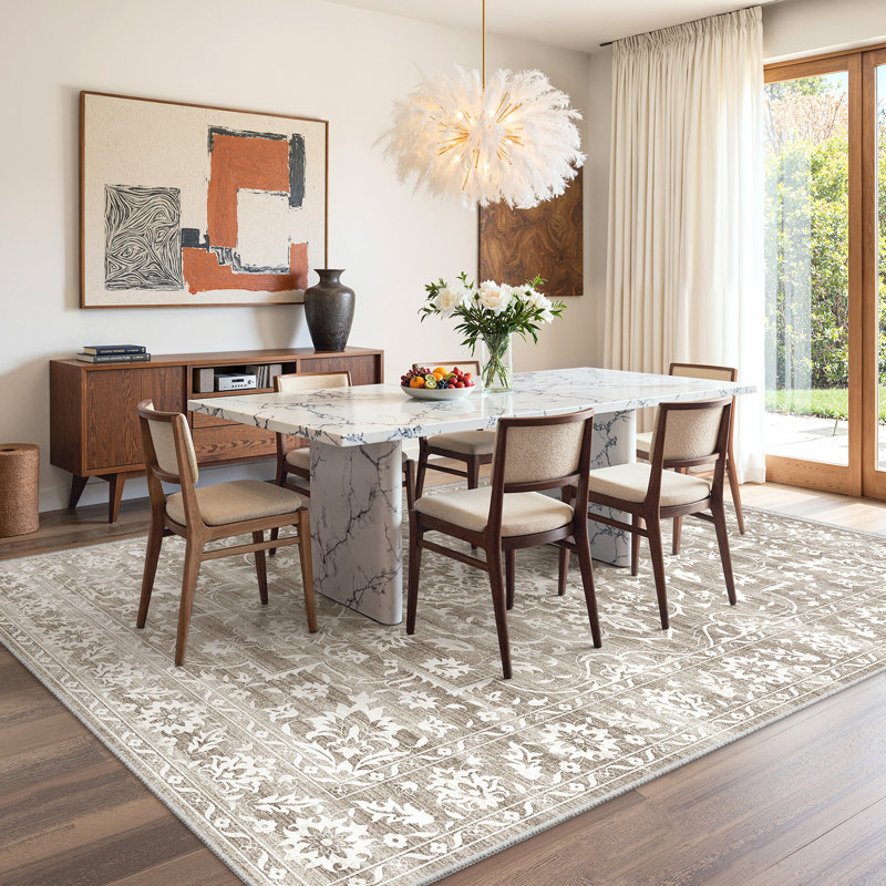 Machine Washable Floral Non Slip Indoor Area Rug, Light Brown, Rectangle 160 x 230cm