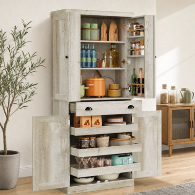 Kitchen Pantry Cabinet With Sliding Storage Rack And 6 Hanging Shelves