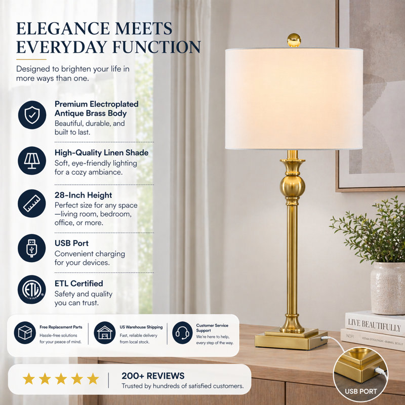 Augrave 28" Modern Polished Brass Metal Table Lamp with USB Port and Empire Shade, Polished Brass