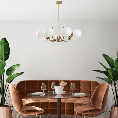Élégant lustre doré, structure en métal avec capuchon en verre, 29,1 po de diamètre | Hauteur réglable de 11,8 à 27,6 po | 7 x douilles E14 de 40 W maximum (ampoules non incluses) | Luminaire élégant pour la décoration intérieure et la salle à manger
