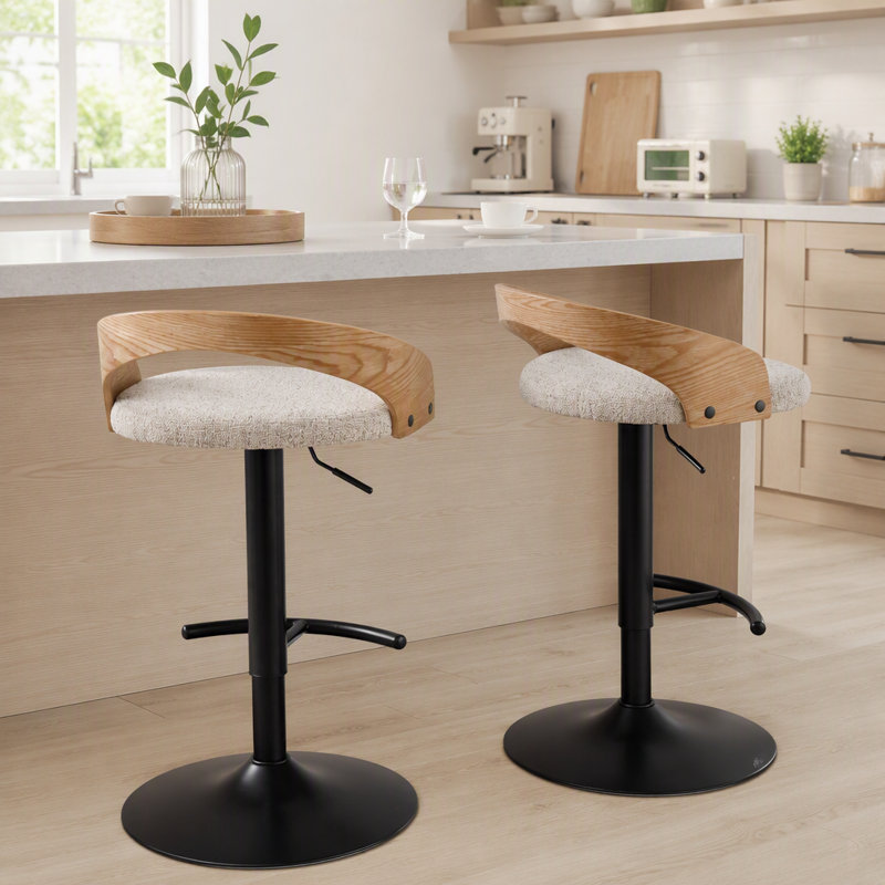 Tabouret de bar réglable avec pivot en métal et tissu avec repose-pieds arrondi en T - ensemble de 3