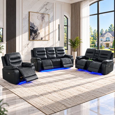Ensemble de canapé inclinable électrique en cuir 3 pièces avec lumière DEL, port USB et console de rangement