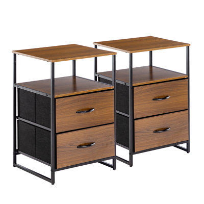 Kindall Industrial Rustic End Table Nightstand With Two Drawers And Open Shelf