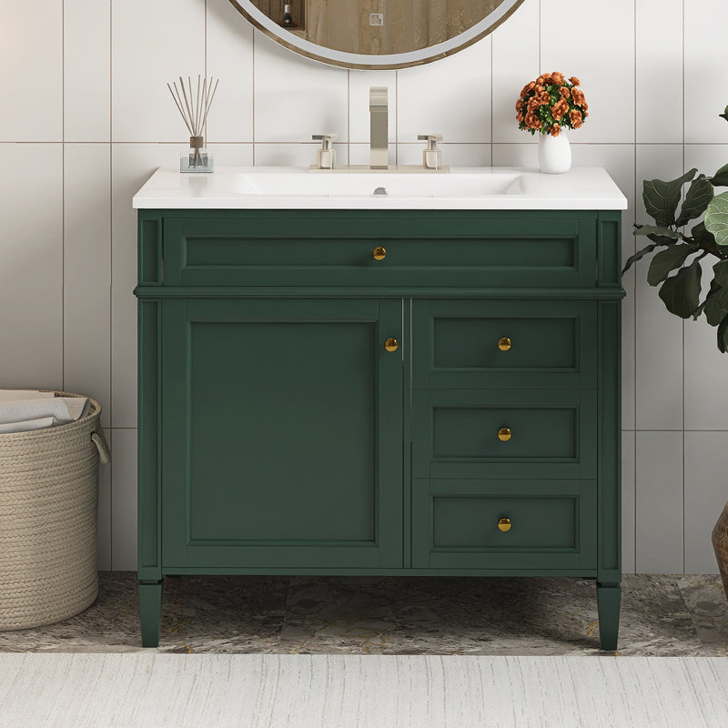 Meuble-lavabo sur pied 36 po avec lavabo en résine, Vert, Doré