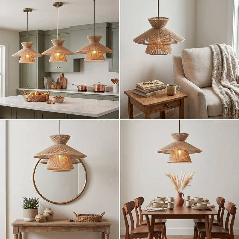 1-Light 3-Tier Geometric Jute Rope Pendant, Boho Rattan Style Hanging Light with Adjustable Antique Brass Rod