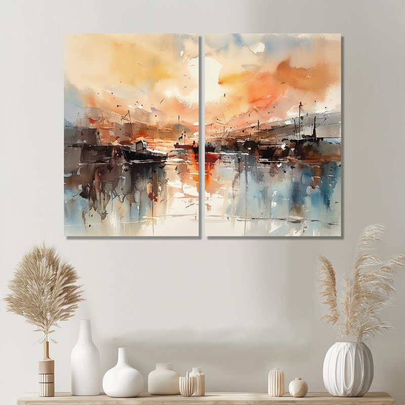 Orange et reflets de port brun - décoration murale traditionnelle orange 2 pièces, 36'' H x 48'' W, Wrapped Canvas