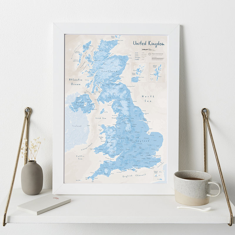UK As Art Map - Cerulean - Print, 45cm H x 32.7cm W x 5cm D, White Framed