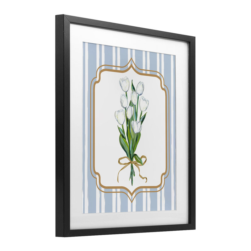 «White Tulip Bouquet & Stripes», reproduction sous verre, conception par Adonna Ebrahimi, H 16 po x l 13 po