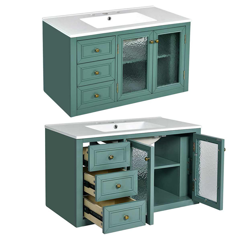 Meuble-lavabo mural 36 po avec lavabo en céramique, armoire de rangement avec 3 tiroirs