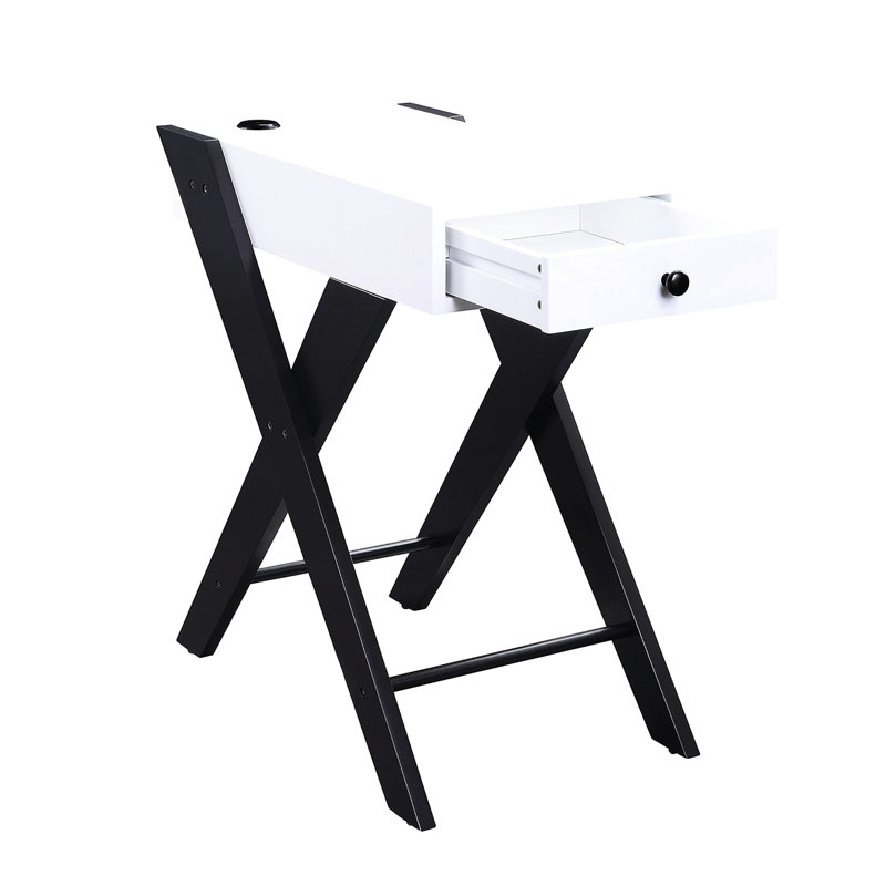 Table rectangulaire blanche et noire avec station d'alimentation, Kd, 1 tiroir, pieds, construction, largeur 22 po, profondeur 13, hauteur accent 24
