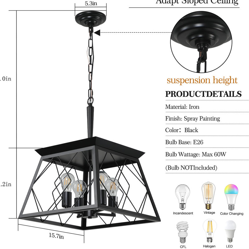 4- Pour la salle à manger, noir, corrosion, chaîne à hauteur réglable, luminaire de style rétro, ampoule non incluse avec la lampe antirouille, sans ampoules fournies
