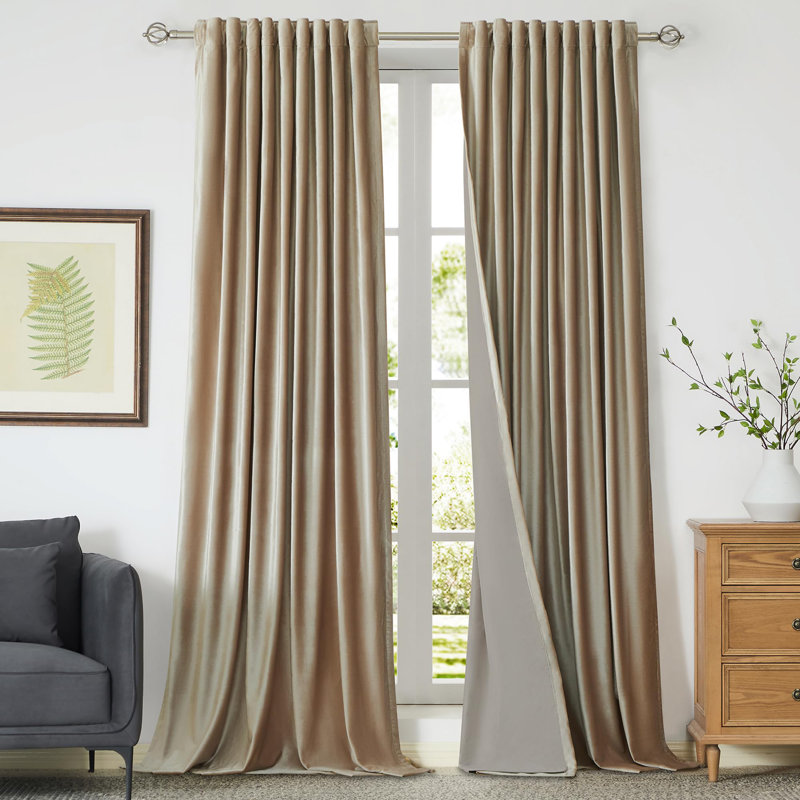 Rideaux 100% occultant en velours beige champagne, ensemble de 2 rideaux doublés avec passe-tringle