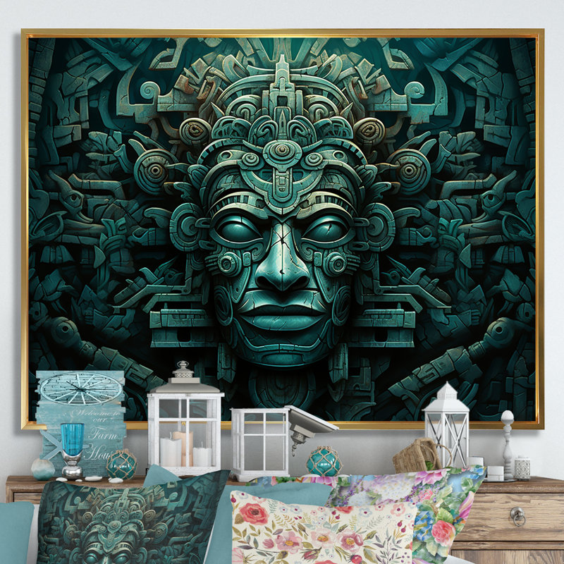 Masque maya magique aztèque - art mural mexicain, salon, Cadre flottant doré, H 24 po x l 32 po x P 1 po