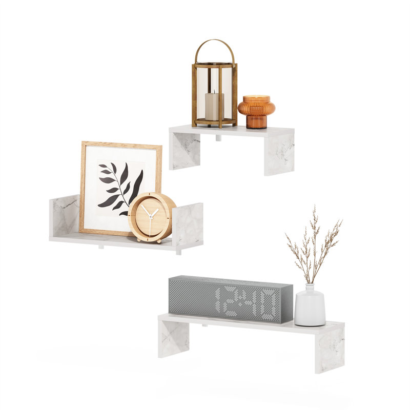 Flem 3 Piece Wall Mounted Floating Display Shelves with Invisible Brackets, Marble White