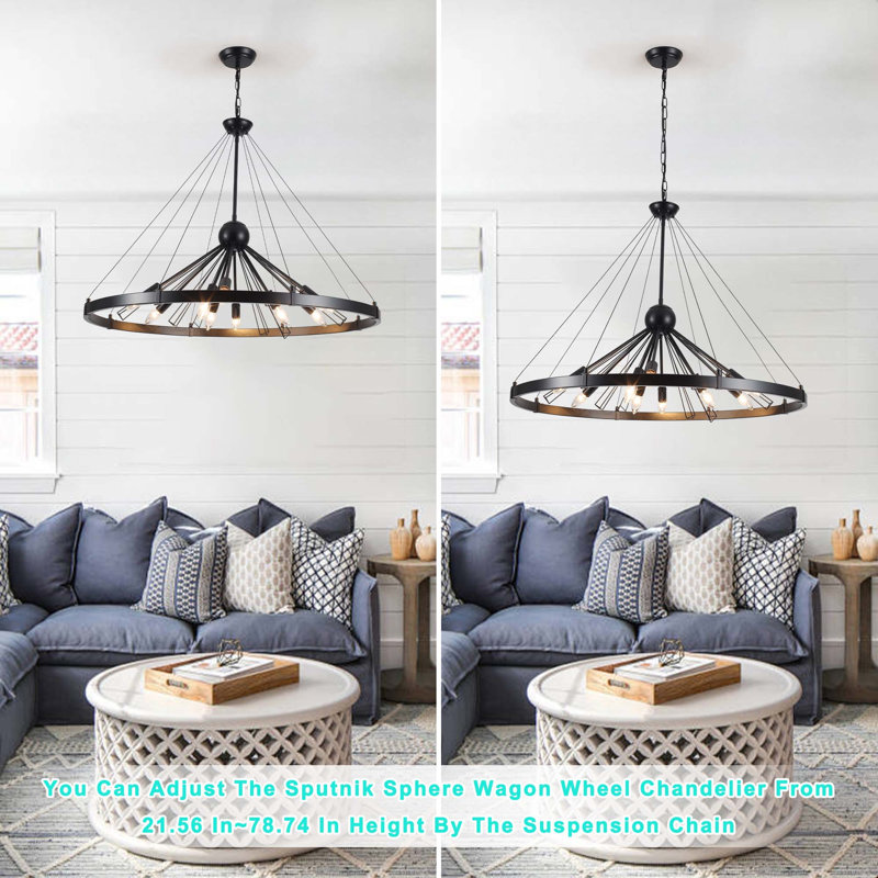  9- Light 35 inch Modern Dimmable Sputnik Wagon Wheel Chandelier for Dining Room, Matte Black