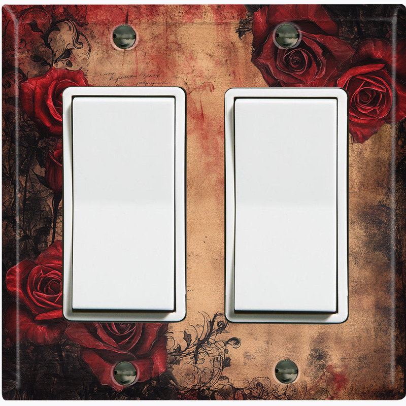 Couvercle de plaque d'interrupteur en métal; Fauteuil à bascule GFI de taille standard US à 2 bandes - Roses rouges gothiques