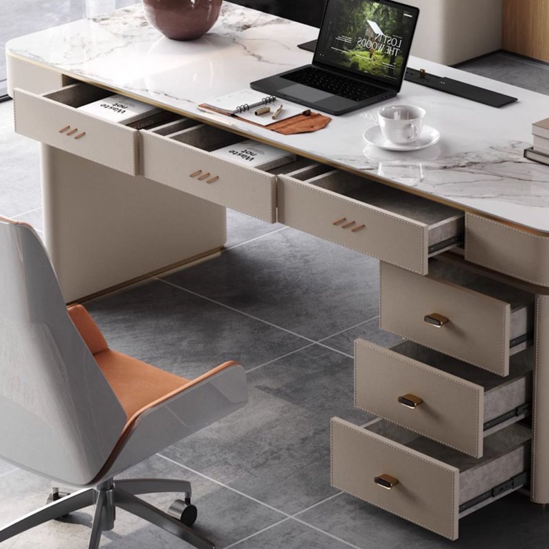 Bureau rectangulaire blanc en pierre + bois manufacturé + barenia avec 6 tiroirs, H 29,53 po x l 55,12 po x P 23,62 po