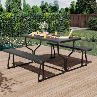 Ensemble de table et banc de pique-nique d'extérieur - Table de camping toutes saisons avec plateau en grain de bois et structure en métal, noir - Idéal pour la cour, la terrasse, le patio, la salle à manger près de la piscine