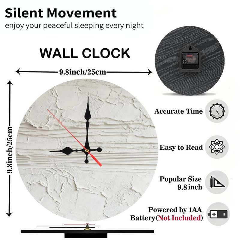 Horloge murale ronde en bois 10 po, mouvement à quartz silencieux, imprimé UV, à piles, Texture de plâtre superposée