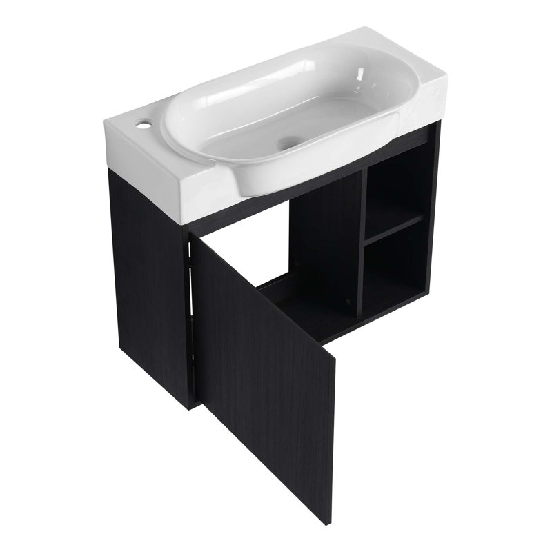 Meuble-lavabo mural 28 po avec lavabo en céramique, porte à fermeture en douceur et tablettes ouvertes, emballage KD