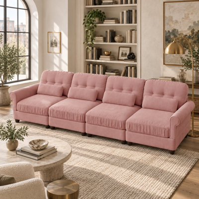 Canapé modulaire 4 places Deerwood en chenille de 126,7 pouces de large, avec coussins à volants, accoudoirs arrondis et coussins lombaires