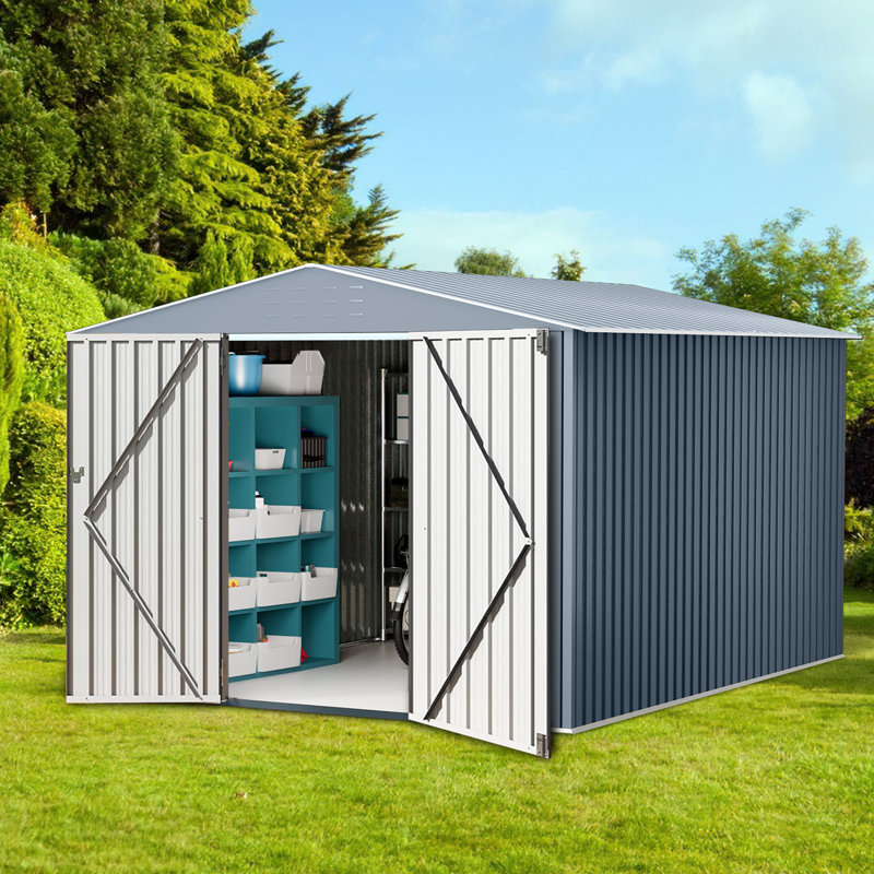 Outdoor Metal Shed – 10x10 Ft Utility Tool Storage – with Lockable Doors, Sturdy Frame, Large Garden Shed Ideal for Backyard, Patio, Lawn (Grey)