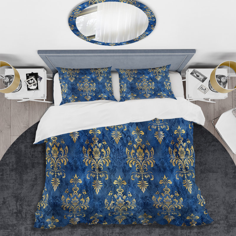 Ensemble de housse de couette Blue Gold Damask Glamour IV - Glam, Housse de couette simple + 2 taies décoratives st