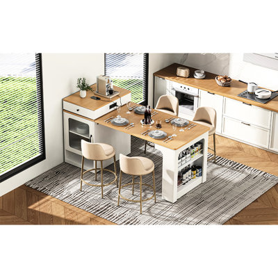 Îlot de cuisine blanc avec table de salle à manger extensible de 59,5 po, rangement double face, 2 tiroirs, prise de courant, tablettes latérales ouvertes, extension de 10,2 26 à 41,8 po, boucle en métal, mobile, idéal pour et rangement