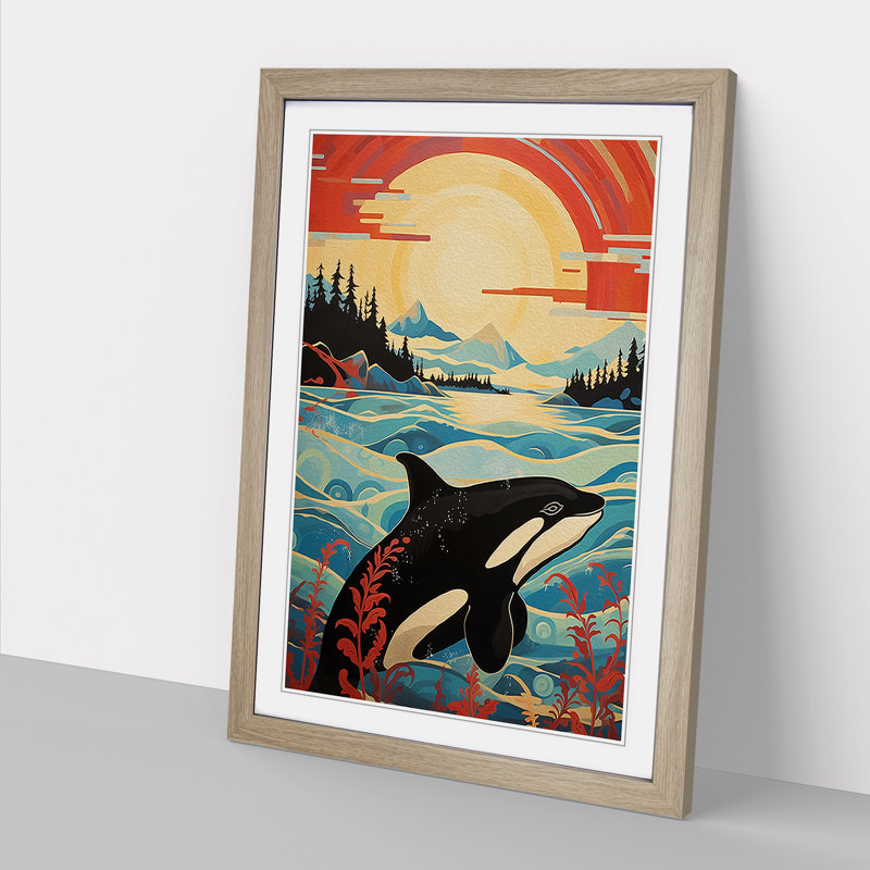 Orca Whale Modern - Single Picture Frame Print on Wood, 46cm H x 34cm W x 2cm D, Oak