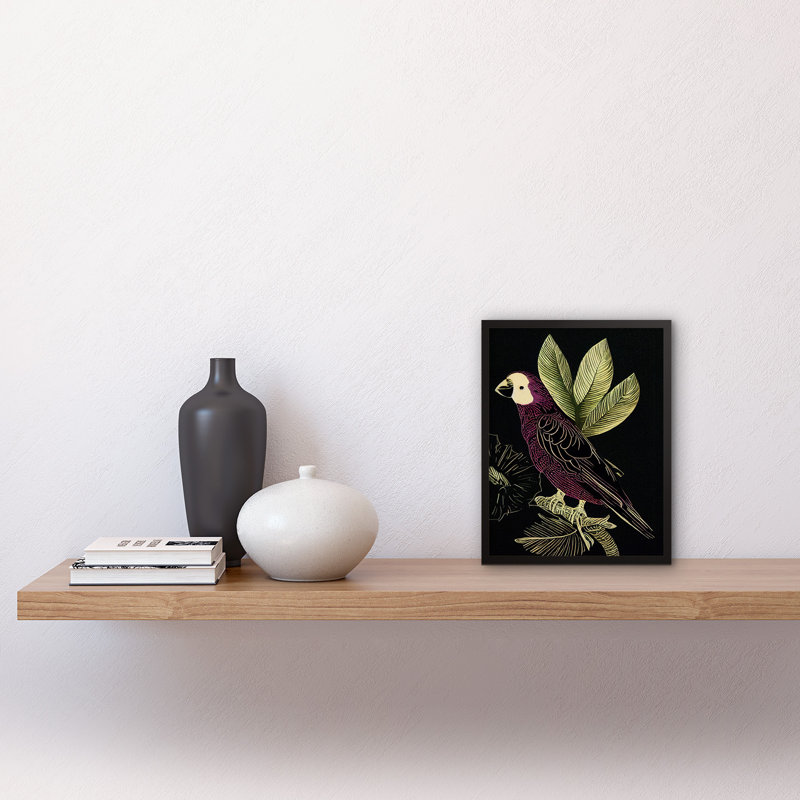 Burgundy Parrot Leaves Tree Branch Linocut - Single Picture Frame Print, 25.9cm H x 20.6cm W x 1.5cm D