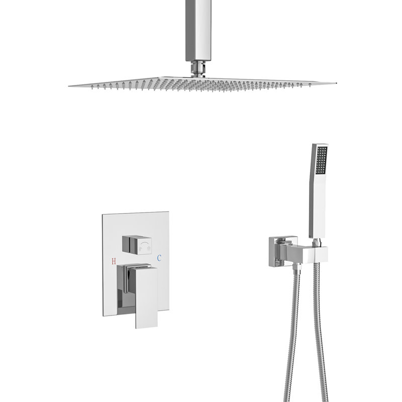 Système de pomme de douche carrée double de 10 po Lsi, fixation au plafond, finition chromée, acier inoxydable avec douchette, valve brute