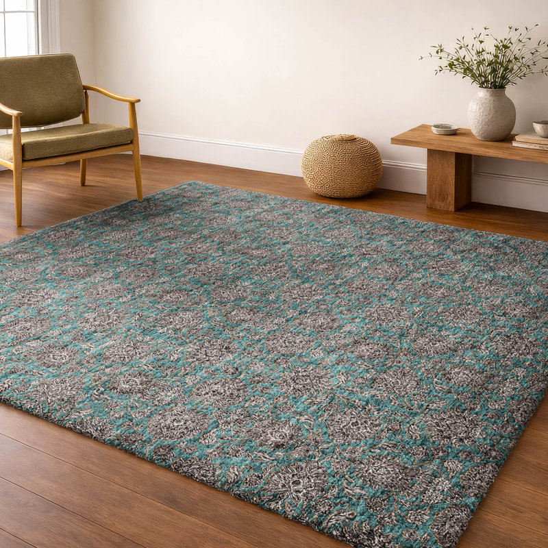 Tapis floral à poils longs de qualité supérieure lavable à la machine ADS702, Sarcelle, 8 pi x 10 pi