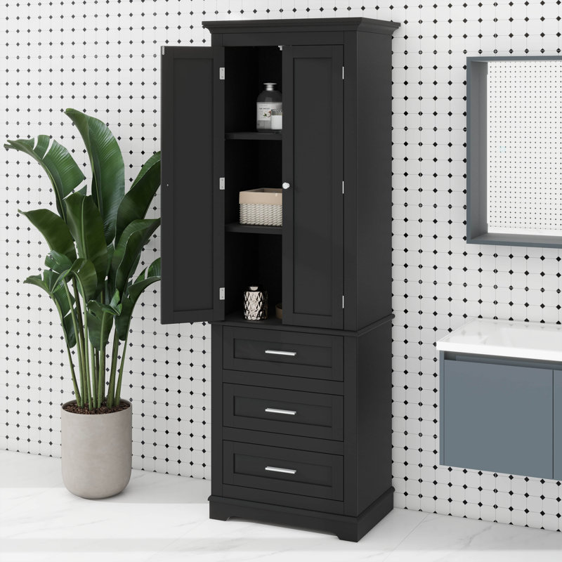 Tall Storage Cabinet Boasting Three Drawers And Adjustable Shelves, Black