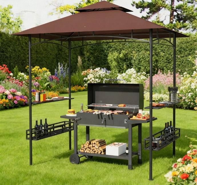 Pavillon de jardin extérieur à 2 niveaux pour barbecue, pavillon de barbecue pour barbecue, avec 2 tablettes latérales, paniers de rangement, crochet de plafond