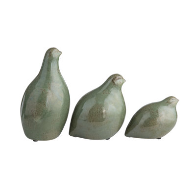 3 Piece Green Ceramic Partridge Statue Set