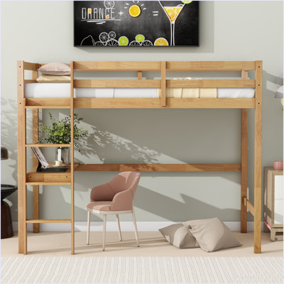 Lit mezzanine simple haut, lit mezzanine en bois d'hévéa avec barrière de sécurité, bureau intégré