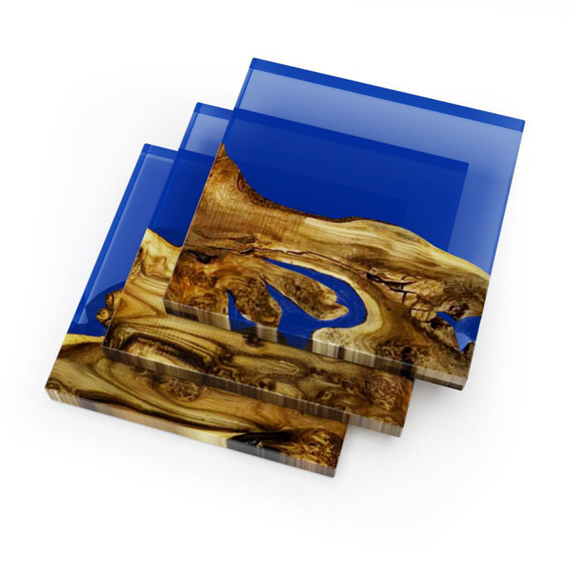 Handmade Wood & Resin Wall Decor, Glossy Blue/Natural, 17.7" x 53" x 2"