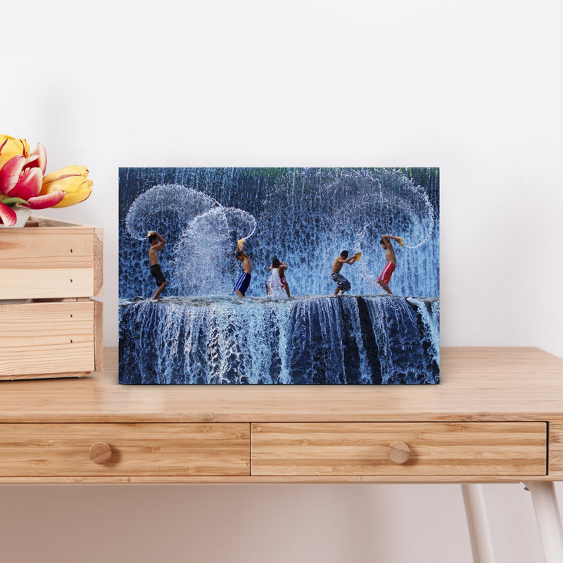 Boys Splashing Waterfall Energetic Abstract Contemporary Summer Wall Art Print 1 Piece Wrapped Canvas Wall Art