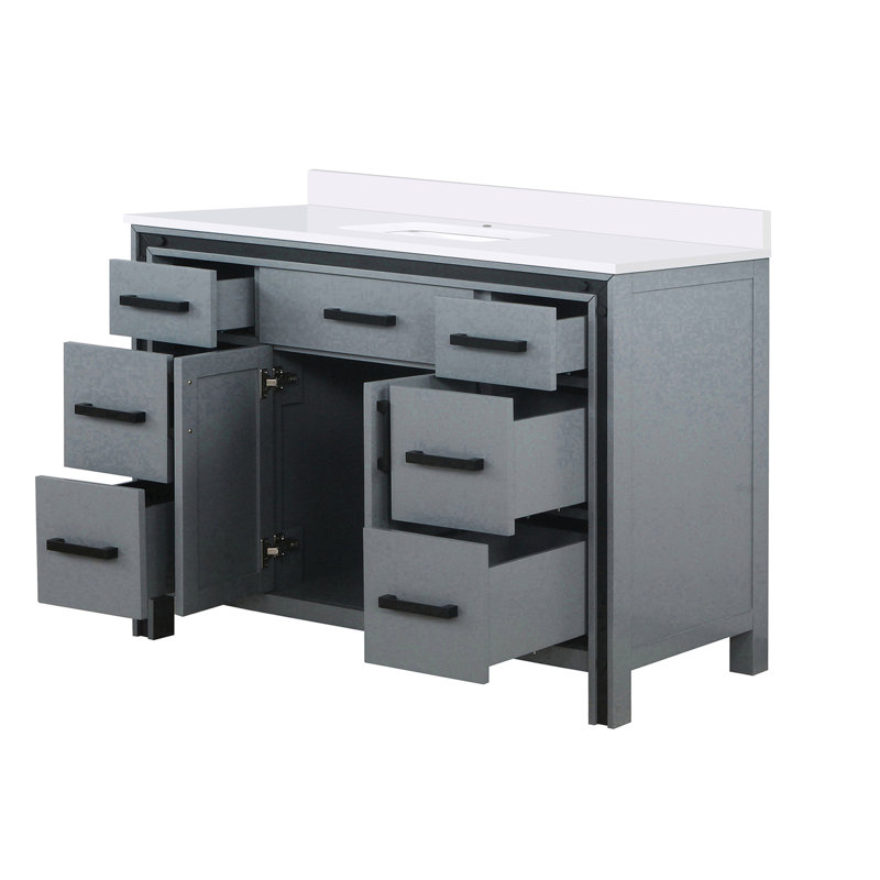 Meuble-lavabo gris foncé de l 48 po x P 22 po avec comptoir en marbre - construction en bois massif, portes et tiroirs à fermeture en douceur, teinture grattée, armoire de rangement spacieuse 6 W