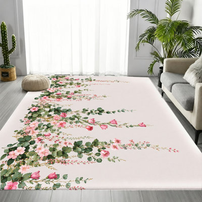 Tapis floral rétro, motif rose blanc rose, tapis de protection antidérapant doux et durable, décoration intérieure élégante pour le salon, la chambre à coucher, l'entrée, la porte d'entrée, la cuisine, le balcon, appartement