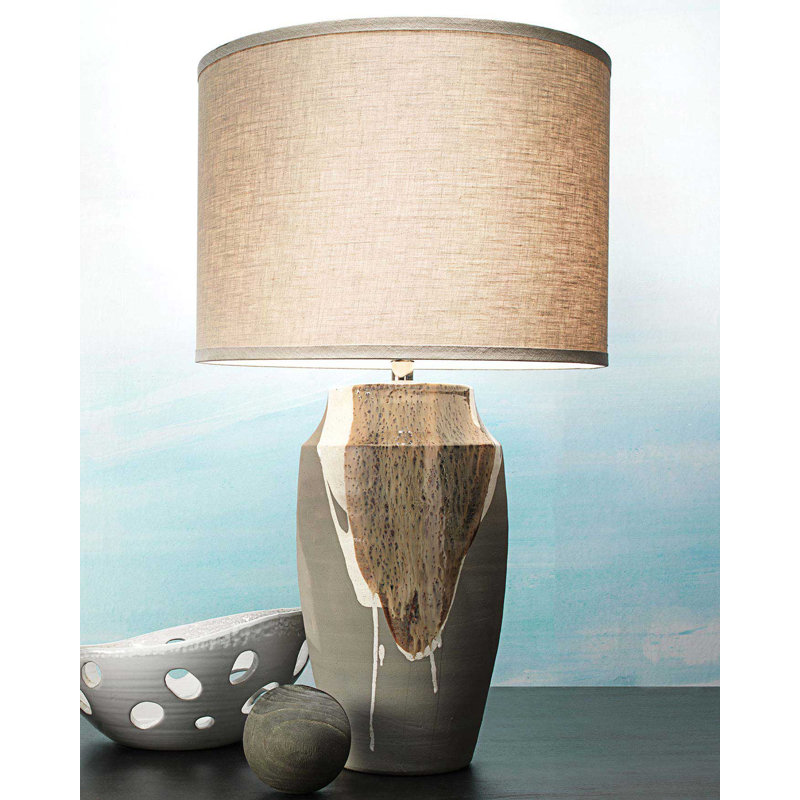 Matte Grey Ceramic Table Lamp with Beige/White Drip and Linen Shade