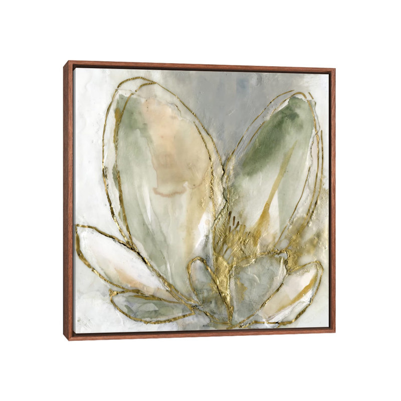 Reproduction d’art « Blooming Gold I » par Jennifer Goldberger, Toile avec cadre en bois classique
