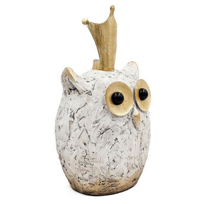 Textured White Magnesium Owl with Oversized Eyes and Gold Iron Crown