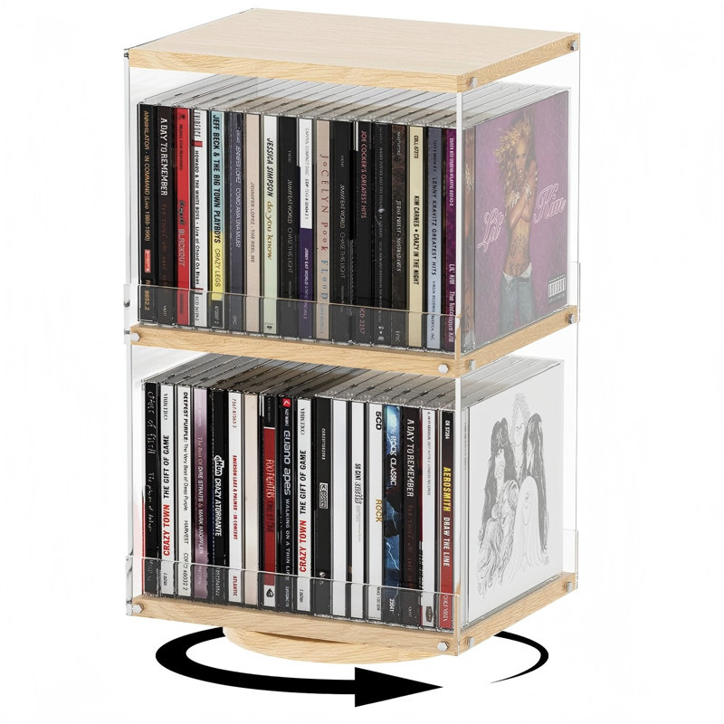 Support à CD à 2 niveaux avec support en bois, acrylique, support de CD rotatif à capacité 40, ouvert, conception latérale, anti-chute pour le bureau