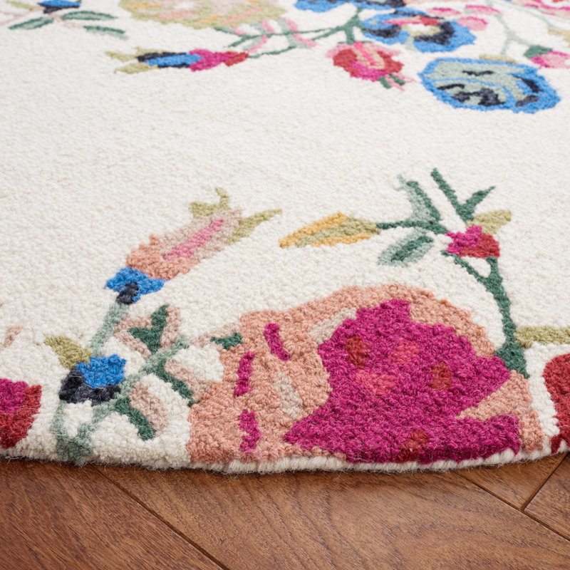 Tapis floral rose / rouge / ivoire en laine / coton touffeté à la main Delmarie, Rond 7 pi