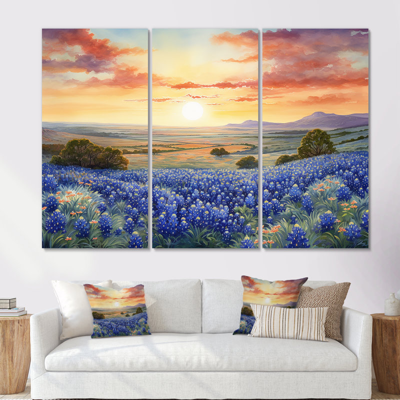 Blue Bonnets Sunset II - ensemble de décorations murales Blue Bonnets, H 28 po x l 36 po x P 1 po, Toile tendue