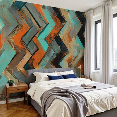 Papier peint adhésif pelez et collez, abstrait, zigzag, turquoise, orange, brun, coups de pinceau, peinture murale, H 100 po x l 144 po, amovible, papier peint mural en PVC, autocollant, pour chambre à coucher, bureau à domicile