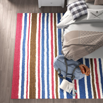 Tapis rayé en laine / coton bleu / rouge Alvardo
